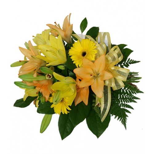 Bright cheerful bouquet of yellow & peach orange lilies with gerbera daisies expertly wrapped & tied with a pretty bow. Perfect gift to brighten someone's day.