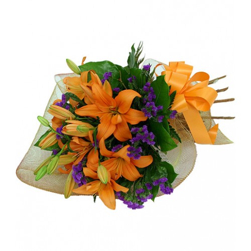 Lively wrapped bouquet of orange lilies with blue or purple accents, tied with matching orange bow. Simple captivating bouquet for any occasion.