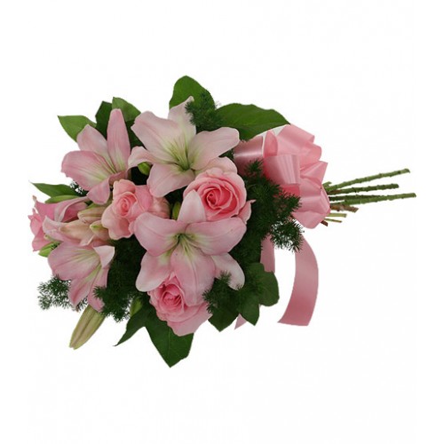 Lovely wrapped bouquet of soft pink lilies with pink roses, greenery and pink bow. Order with us online for your fresh flower delivery today.