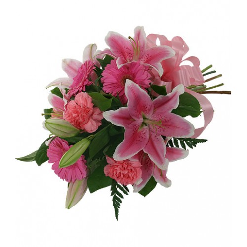 Bouquet of pretty pink flowers including fragrant stargazer lilies, gerbera daisies & carnations. A perfect gift for any occasion. Shop online and  order today!