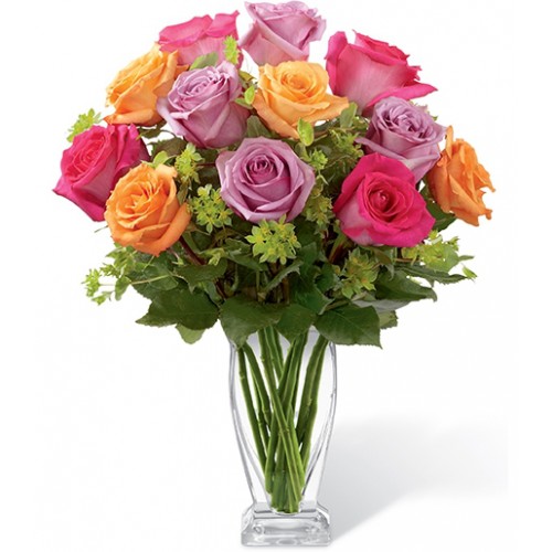 Hot pink, lavender and orange roses create a splash of color accented with lush bupleurum to make an exceptional flower bouquet. Set to send your warmest wishes. Flower delivery - Order now!