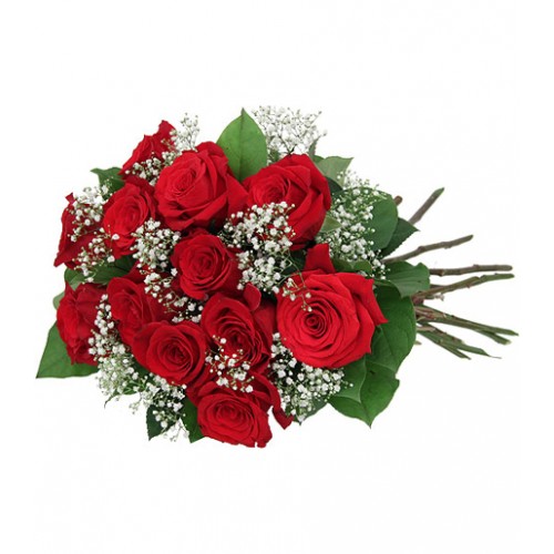 One dozen of twelve premium long stemmed red roses with baby's breath and foliage, wrapped and tied with a red bow. A rose classic!