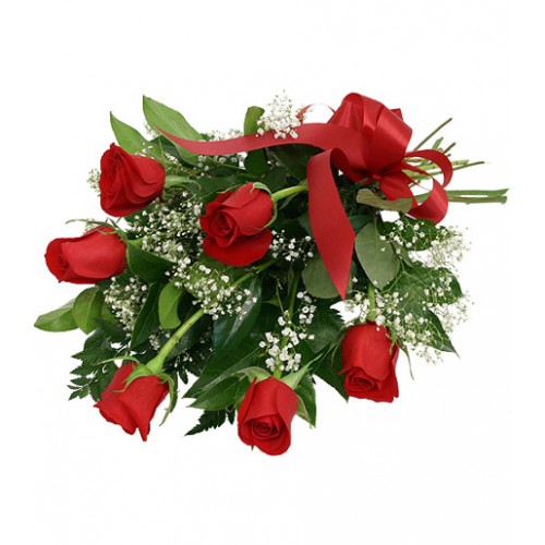 One half dozen premium long stemmed red roses with baby's breath and foliage, wrapped and tied with a red bow. A rose classic!