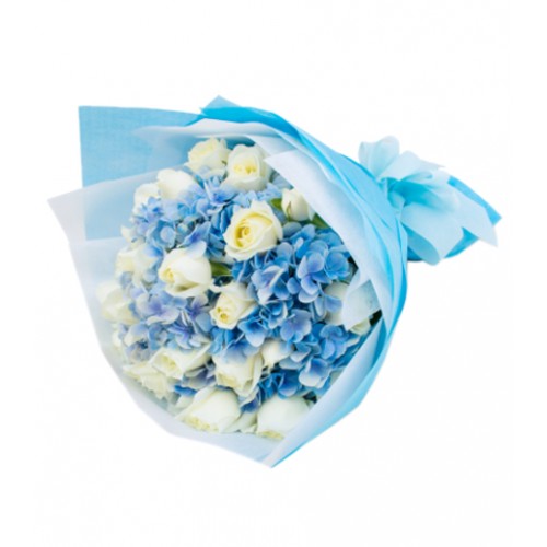 Send your greetings with this gorgeous hand-tied bouquet in gentle soft blue colors, featuring white rose and hydrangea. Perfect gift for most occasions.