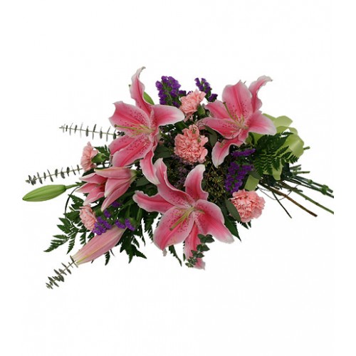 Fragrant freshly-wrapped bouquet of stargazer lilies with pink carnations, purple statice and lush greenery. Everyday flowers suitable for all types of occasions.