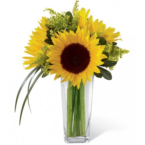 Gorgeous sunflowers accented with solidago, lily grass blades & lush greens created to send your warmest wishes & highest hopes for days ahead.