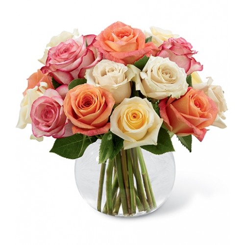 Assorted roses to create sweet & stunning arrangement. Cream, white, orange & pink roses simply brought together to extend your warmest wishes.