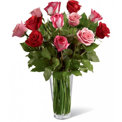 Burst of color, bouquet combines red, pink & tea roses, accented with beautiful greens to create a truly romantic representation of your love.