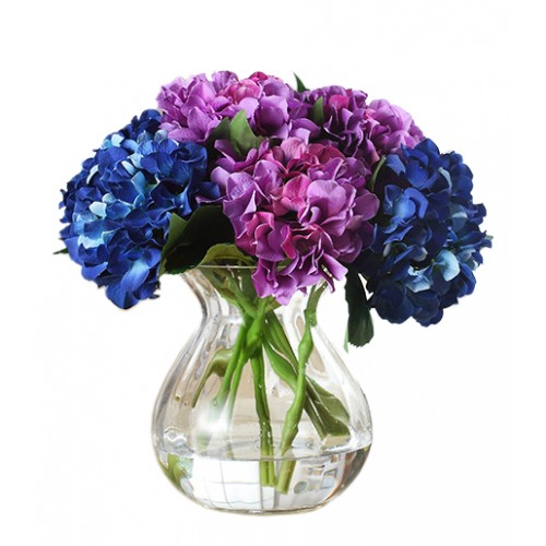 Blue & purple hydrangea flowers in clear glass vase, whoever receives this stunning arrangement is sure to be bowled over by its bold beauty!