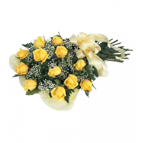 Sensational bouquet of one dozen wrapped long stem yellow roses with added baby's breath, tied with a matching bow. 